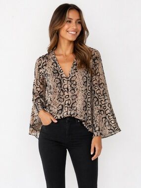 Buddy Love Tan and Black Snake-Print V-Neck Blouse w/ Bell Sleeves